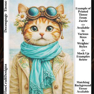 Whimsical Seaside Steampunk Cat FE8 Decoupage Tissue Paper