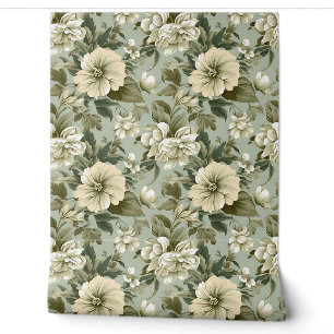 Whimsical Shabby chic sage green white flowers Wallpaper