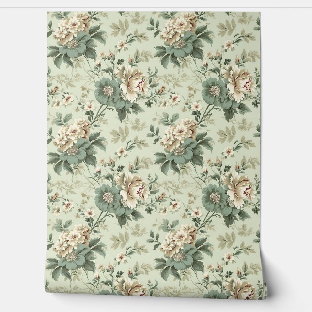 Whimsical Shabby chic sage green white flowers Wallpaper (Unrolling)