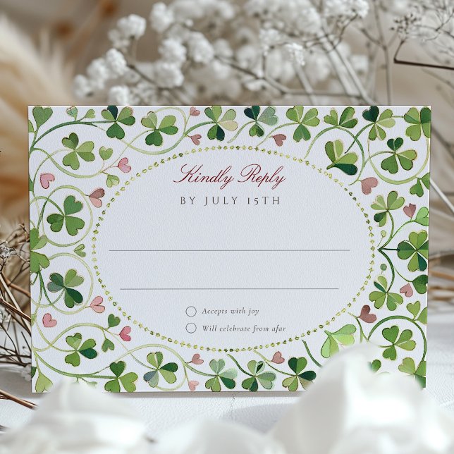 Whimsical Shamrock & Hearts Wedding RSVP Card (Creator Uploaded)