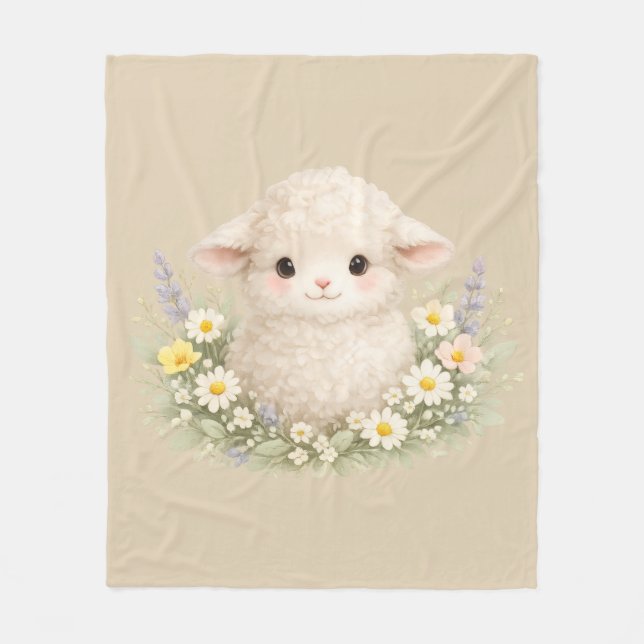 Whimsical Sheep and Wildflowers for a Charming Fleece Blanket (Front)