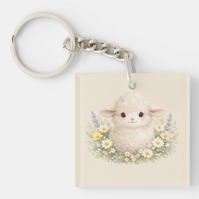 Whimsical Sheep and Wildflowers for a Charming Key Ring (Front)