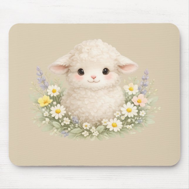 Whimsical Sheep and Wildflowers for a Charming Mouse Mat (Front)