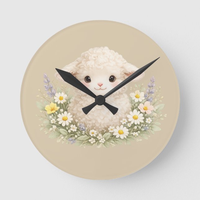 Whimsical Sheep and Wildflowers for a Charming Round Clock (Front)