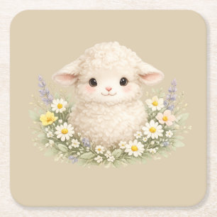Whimsical Sheep and Wildflowers for a Charming Square Paper Coaster