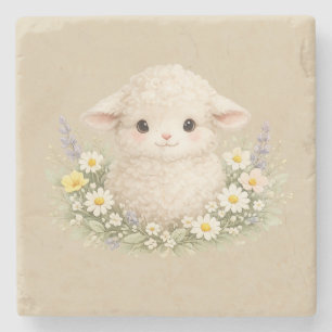 Whimsical Sheep and Wildflowers for a Charming Stone Coaster