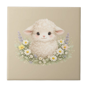 Whimsical Sheep and Wildflowers for a Charming Tile