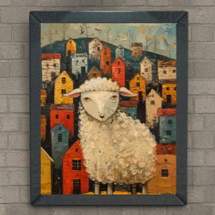 Whimsical Sheep In The City Folk Art Oil Painting Poster