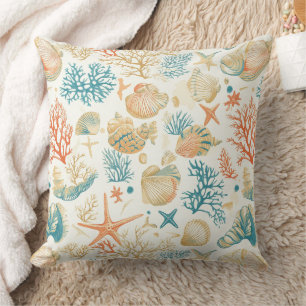 Whimsical Shells & Coral with Soft Blue Accents Cushion