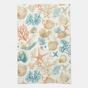 Whimsical Shells & Coral with Soft Blue Accents Tea Towel
