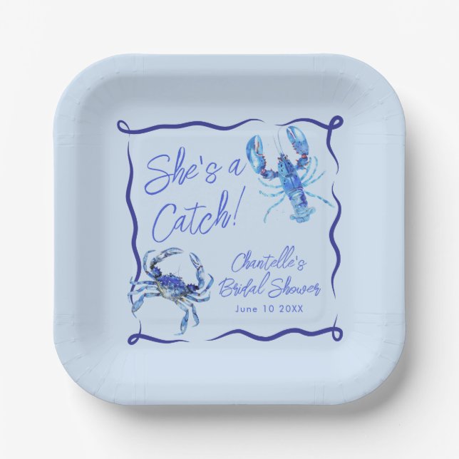 Whimsical She's a Catch Blue Coastal Bridal Shower Paper Plate (Front)