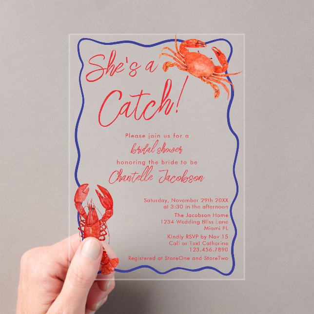 Whimsical She's a Catch Red Coastal Bridal Shower Acrylic Invitations (Insitu (Handheld))