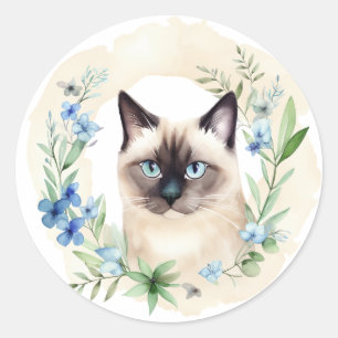 Whimsical Siamese Cat & Botanicals Classic Round Sticker