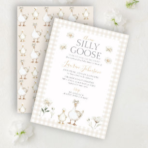 Whimsical Silly Goose Beige Gingham Baby Shower Invitation