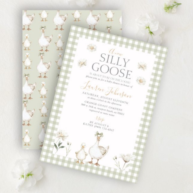 Whimsical Silly Goose Green Gingham Baby Shower Invitation (Creator Uploaded)