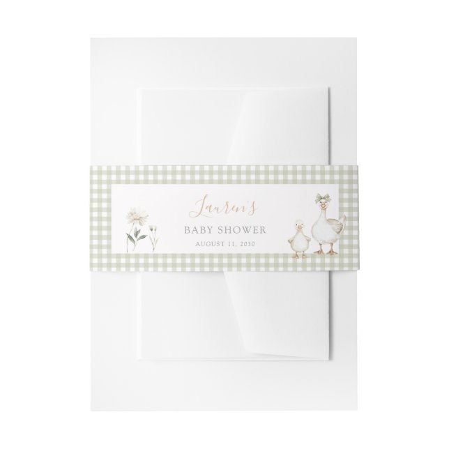 Whimsical Silly Goose Green Gingham Baby Shower Invitation Belly Band (Front Example)