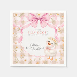 Whimsical Silly Goose Pink Gingham Baby Shower Napkin