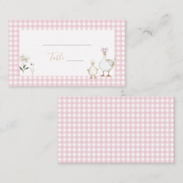 Whimsical Silly Goose Pink Gingham Baby Shower Place Card (Front/Back)