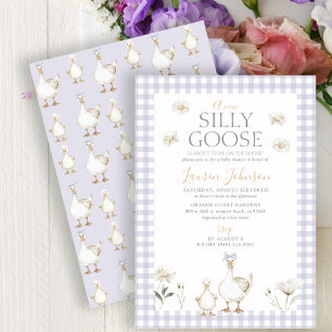 Whimsical Silly Goose Purple Gingham Baby Shower Invitation