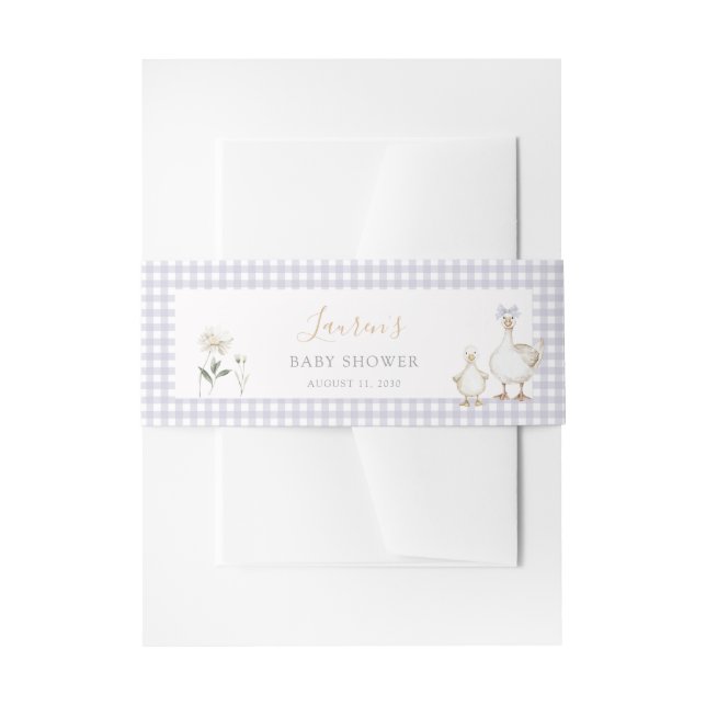 Whimsical Silly Goose Purple Gingham Baby Shower Invitation Belly Band (Front Example)