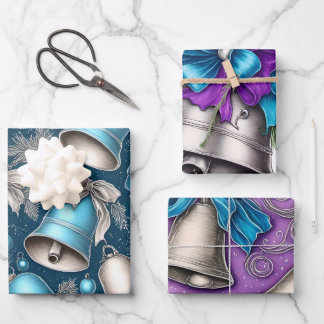 Whimsical Silver Bells Christmas  Wrapping Paper Sheet