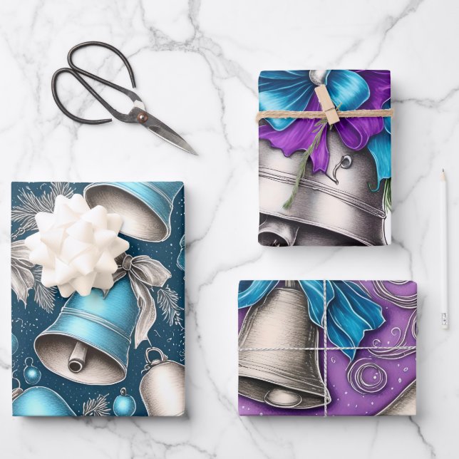 Whimsical Silver Bells Christmas  Wrapping Paper Sheet (Front)