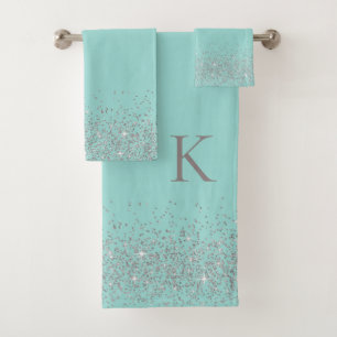 Whimsical Silver Glitter on Powder Blue Monogram Bath Towel Set