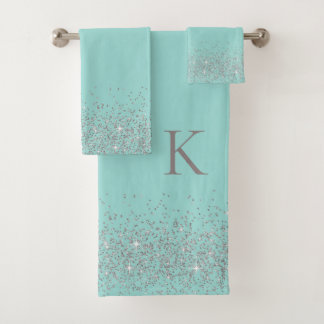 Whimsical Silver Glitter on Powder Blue Monogram Bath Towel Set