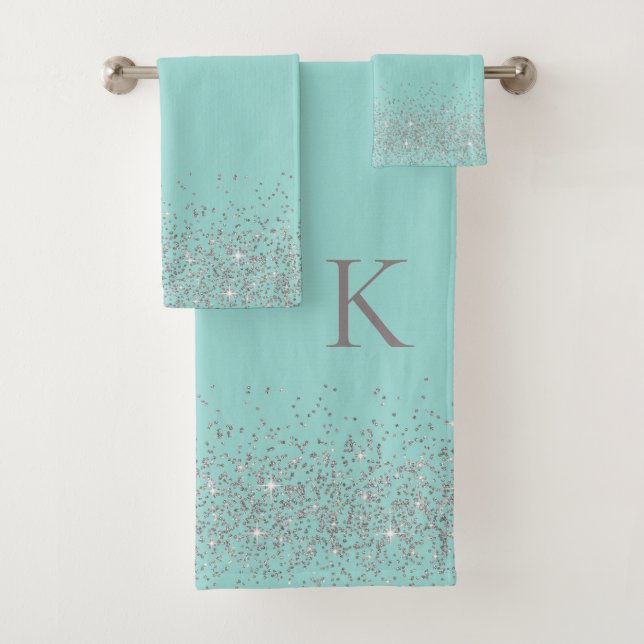 Whimsical Silver Glitter on Powder Blue Monogram Bath Towel Set (Insitu)