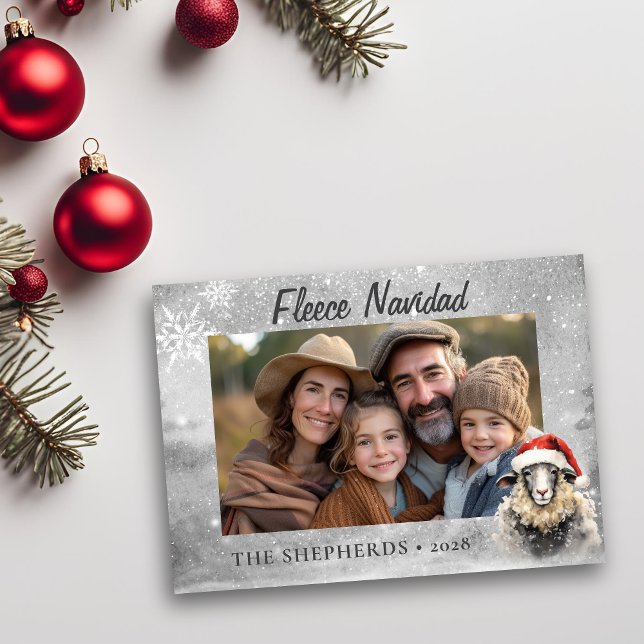 Whimsical Silver Sheep Photo Flat Holiday Card (Fleece navidad whimsical holiday photo card.)