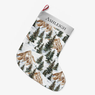 Whimsical Silver Snow Mountains Christmas Trees Large Christmas Stocking