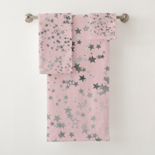 Whimsical Silver Stars on Pink Bath Towel Set