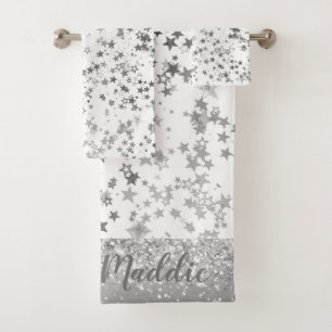 Whimsical Silver Stars on White Personalized Bath Towel Set