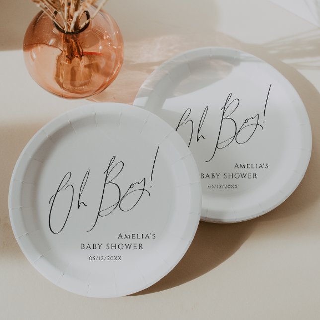 Whimsical Simple Neutral Oh Boy! Baby Shower Paper Plate (Creator Uploaded)