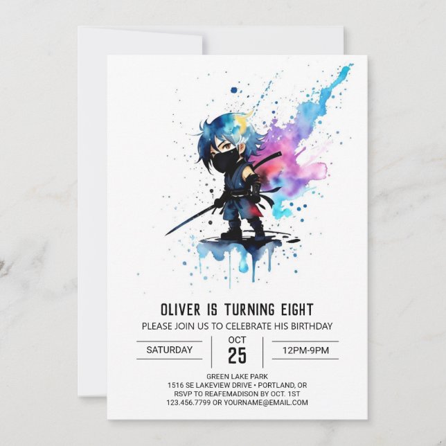 Whimsical Simple Ninja Boy Digital Birthday Invitation (Front)