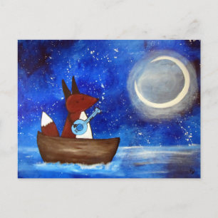 Whimsical Singing Fox Art Boat Blue Kids Cute Postcard