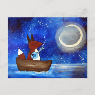 Whimsical Singing Fox Art Boat Blue Kids Cute Postcard