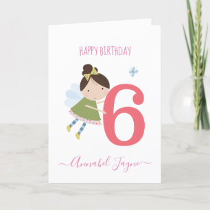 Whimsical Sixth birthday fairy girls cute pink Card