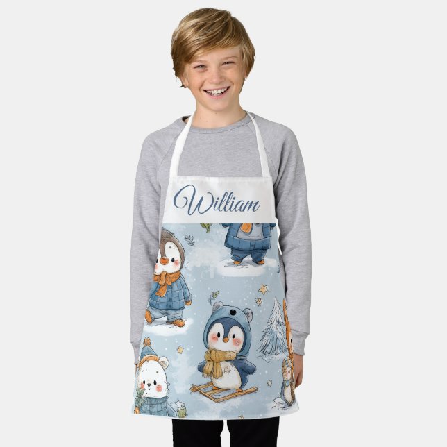 Whimsical Skating Penguins Kids Apron | Custom Nam (Worn)
