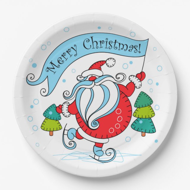 Whimsical Skating Santa Claus | Merry Christmas Paper Plate (Front)