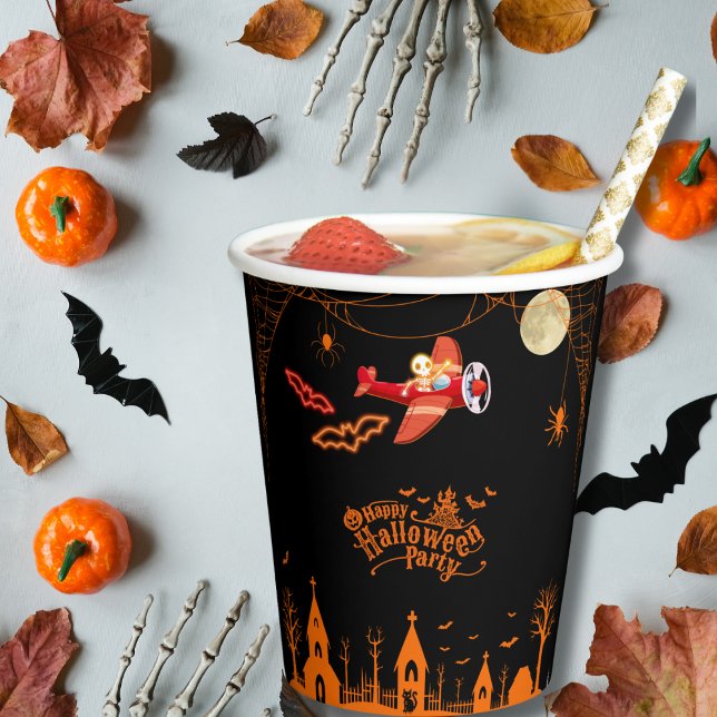 Whimsical Skeleton Flying Aeroplane Halloween Part Paper Cups (Creator Uploaded)