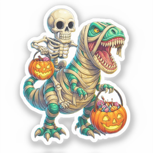 Whimsical Skeleton Riding Mummy T-Rex Halloween  (Front)