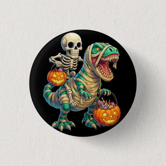 Whimsical Skeleton Riding Mummy T-Rex Halloween  3 Cm Round Badge (Front)