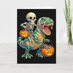 Whimsical Skeleton Riding Mummy T-Rex Halloween  Card