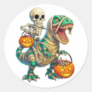 Whimsical Skeleton Riding Mummy T-Rex Halloween  Classic Round Sticker