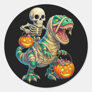 Whimsical Skeleton Riding Mummy T-Rex Halloween Classic Round Sticker