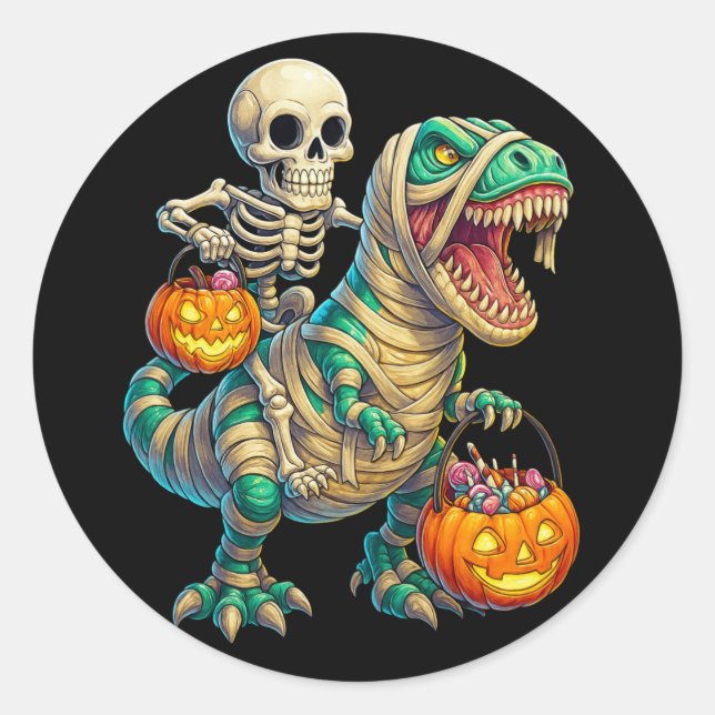 Whimsical Skeleton Riding Mummy T-Rex Halloween  Classic Round Sticker (Front)