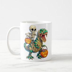 Whimsical Skeleton Riding Mummy T-Rex Halloween  Coffee Mug