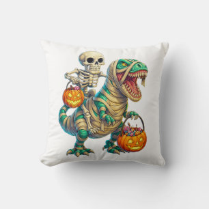 Whimsical Skeleton Riding Mummy T-Rex Halloween  Cushion