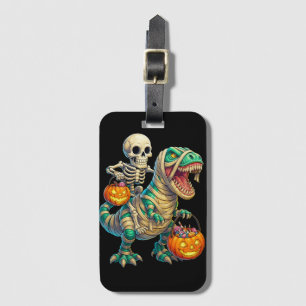 Whimsical Skeleton Riding Mummy T-Rex Halloween  Luggage Tag